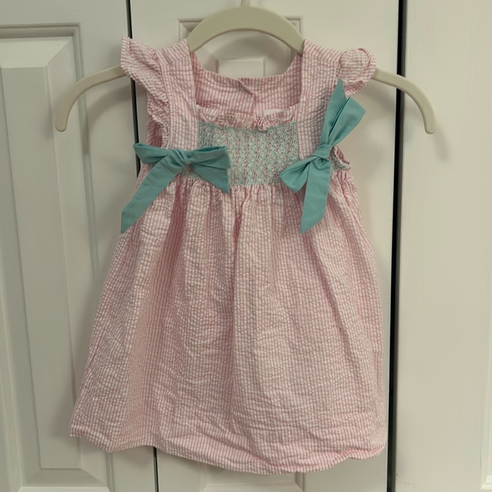 Eliza James 2T pink seersucker dress with teal bow detail